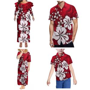 캐주얼 가족복 우아한 연꽃잎 레이스 중간 소매 슬림핏 푸레타시 수트 드레스 여성 드레스 폴리네시아 맞춤 남성 셔츠