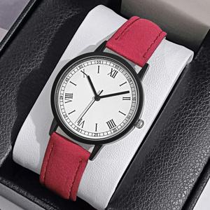 트렌디한 여성용 쿼츠 시계 세련된 매트 가죽 스트랩 시계 로마 숫자 다이얼 세련된 블랙 프레임 우아한 손목시계