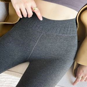 하이웨이스트 세로 스트라이프 여성용 보온 기모 레깅스 슬리밍 압박 팬츠 포켓付き 패셔너블 트라우저