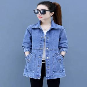 슬림핏 미디 기장 데님 자켓 여성용, 세련된 봄 가을 신상 여성 자켓 탑 트렌디 패션 칼라 핀