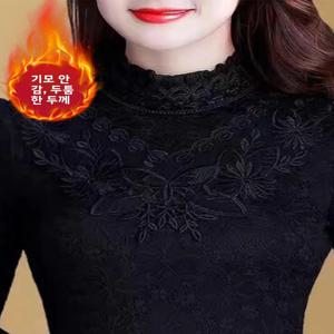 가을 겨울 플러스 사이즈 여성용 레이스 베이스 셔츠 기모 안감 두꺼운 긴팔 티셔츠 슬리밍 따뜻한 탑 칼라 핀