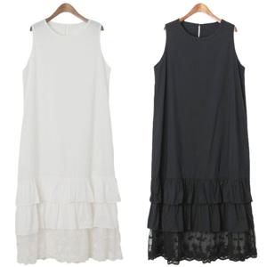 [하프클럽] 3단캉캉 면레이스 박스나시 롱원피스 아사면 레이어드 민소매 이너슬립 보헤미안