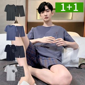 1+1 반팔 남자여름잠옷 세트 상하의 면 홈웨어 파자마