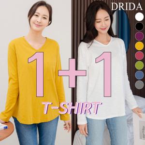 드리다 1+1 봄 가을 여자 브이넥 기본 이너티 면 슬라브 빅사이즈 티셔츠 40-50대 중년여성 미시 출근 등원