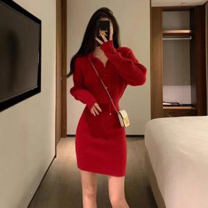 [브리치]  / 가을 니트 원피스 레드 미니 드레스 데일리룩 레드 S