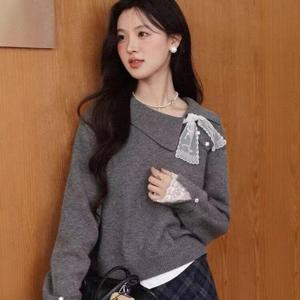 [브리치]  / 리본 니트 긴팔 스웨터 고급스러운 감성 그레이 S