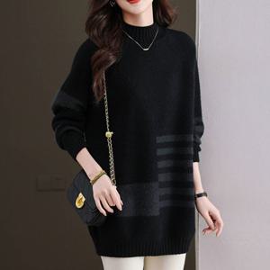 [브리치]  / NK3403 배색 따뜻한 루즈핏 반폴라 긴팔 롱 니트티