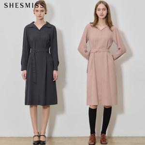 (SHESMISS)] 클래시컬 오픈 카라 벨티드 원피스 (택가격: 318000원)
