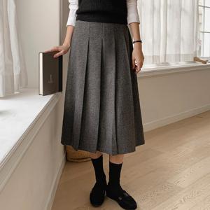 가을 겨울 모직 울 플리츠 빅사이즈 롱 스커트 캐주얼 출근 오피스룩 하객