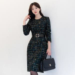 (~XXL까지) 켄포 트위드 벨트 원피스 겨울 H라인 라운드넥 오피스룩 하객룩 연말룩 모임룩 빅사이즈
