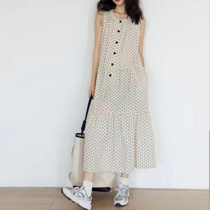 259059 - 도트 버튼 3단 린넨면 롱원피스 루즈핏 빅사이즈 여름원피스 린넨원피스 면원피스 40대 50대 100사이즈 인견원피스