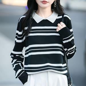 [브리치]  / NK3492 데일리 심플 베이직 단가라 배색 카라 긴팔 니트티