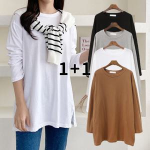 1+1 면 무지 라운드넥 긴팔 트임 롱티셔츠 -CTS01590-