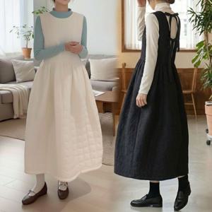 [하프클럽] 겨울 누빔 패딩 뷔스티에 리본 롱 원피스 오피스 조끼 누비 임부복