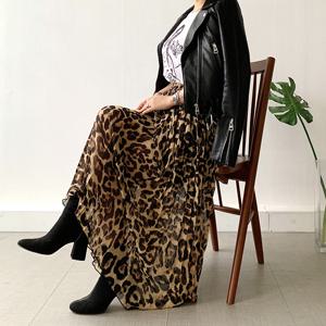 네모엔룩 롱 기장의 루즈핏 레오파드 패턴 호피쉬폰 플리츠 주름 허리밴딩 롱 쉬폰 스커트