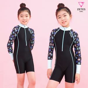 여아동 올인원 집업 긴팔 3부 수영복 블랙리프 G_2i073