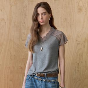 래글런 레이스 블록 브이넥 티셔츠