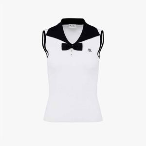 오픈 카라 리본 민소매 니트. (화이트)