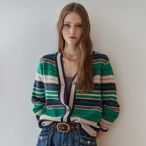 도트 라인 컬러블록 브이넥 니트 가디건