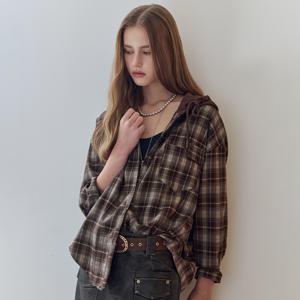 후드 배색 루즈핏 언발 체크 셔츠