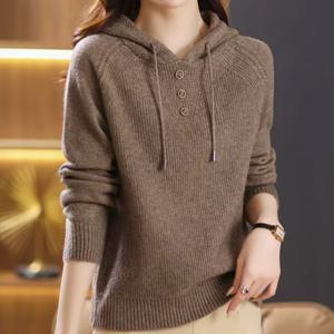 [브리치]  / NK3377 골지 무지 단추 포인트 후드 긴팔 니트티