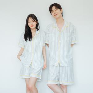 [브리치]  / (냉감소재) 쿨링 옐로&블루 스트라이프 커플 잠옷 신혼파자마