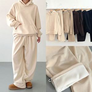 [하프클럽] 골덴 양털 기모 후드 와이드 팬츠 세트 4color 겨울 코듀로이 기모 오버핏 트레이닝 셋업 빅