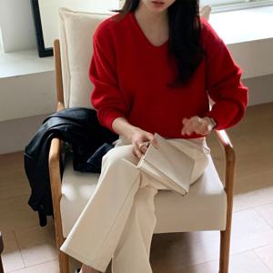 [브리치] 10가트 / 4706 포근 루즈핏 울 브이넥 크롭 니트 가을 겨울 레드