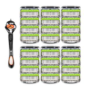 POLIIN 질레트 호환용 5중면도날 고급형 프로글라이드 스킨텍 신형 그린/면도날 6팩(24개입)+스윙면도기1개