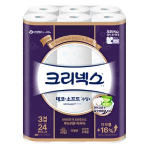 크리넥스 천연펄프 3겹 데코 앤 소프트 수딩플러스 휴지 27m 24롤 1개 489183