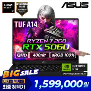 ASUS TUF A14 FA401UM-RG007 특가 159만 라이젠7-260/32GB/RTX5060 QHD 게이밍 노트북 겜트북