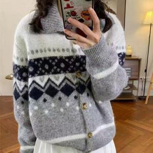 Cotton Bloom 겨울 노르딕 가디건 빈티지 페어 아일랜드 울 니트 가디건