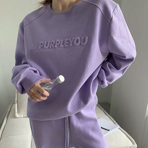 SUTA 상하 세트 기모 퍼플유 레터링 기모 라운지 셋업 (크루넥+스웻팬츠)