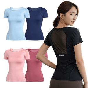 여성용 슬림핏 등판 메쉬 반팔 퀵드라이 필라테스 홈트 요가복 티셔츠 스포츠 운동복 피트니스 상의 헬스복