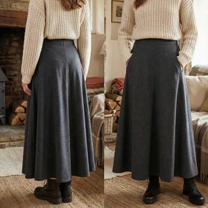 SUTA 추동 모직 스커트 헵번 벌룬 스커트 모직 A라인 플레어 롱스커트 겨울 데일리 스커트