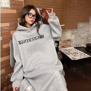 SUTA 후드 레터링 기모 원피스 플러스 루즈핏 후드 롱원피스 기모 맥시 원피스