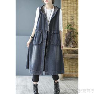 여성데님조끼 베스트 빅 사이즈 후드 롱 빅 포켓 캐주얼 코디 데님 봄 가을