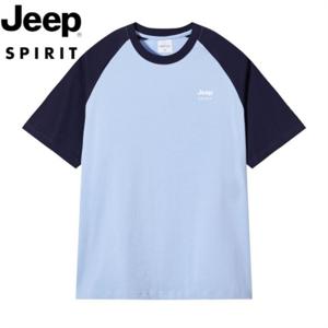 1+1 지프 JEEP SPIRIT 남자 공용 순면 라운드 반팔 티 슬림핏 배색 상의 JP38957