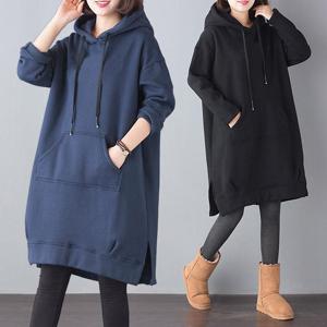 중년여성용 오버핏 미디 롱후드티 융털원피스 무지 포켓 기모 맨투맨