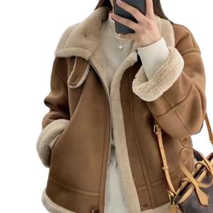 스웨이드 코트 여자 가을 겨울 신상 두꺼운 가죽 모직 일체형 기관차복 짧은 모직 면복 상의