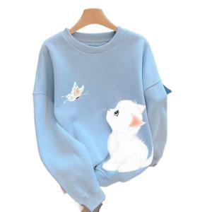 가을 겨울 신상 유행 디자인의 엷은 안개 남색 와이드 라운드 여성 스웨터 맨투맨 외투녀