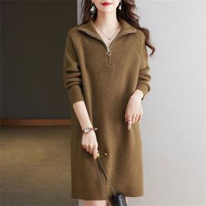 니트 미디 원피스 여성 가을 겨울 긴팔 반집업 스타일 심플 하객원피스