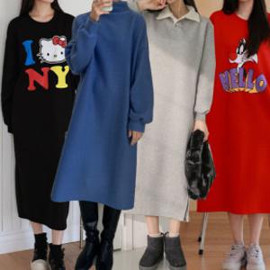 여성 기모 롱 원피스 여성의류 티셔츠 겨울 가을 빅사이즈 홈웨어 임산부 면 롱원피스 루즈핏 잠옷