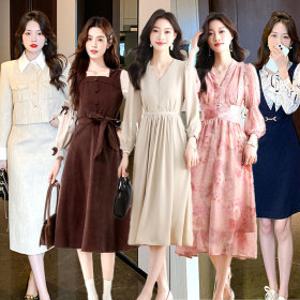 (할인쿠폰)투피앤 겨울신상 여성 원피스 빅사이즈 하객룩 쉬폰 투피스 롱원피스 스커트 여름 휴양지 트위드