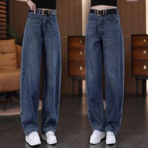 여성 가을 겨울 기모 청바지 키작녀 하이웨스트 통청바지