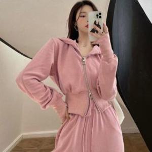 여성 하이웨스트 와이드 롱 트레이닝 투피스 크롭 후드집업 세트 데일룩