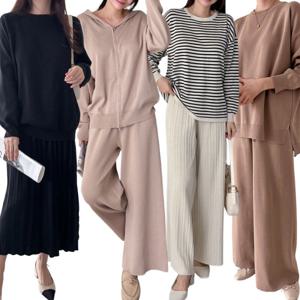 여성 니트 상하 세트 와이드 팬츠 스커트 플리츠 통 바지 밴딩 치마 봄 브이넥 라운드 후드 가디건 셋업
