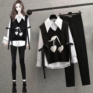 여성 캐주얼 3피스 긴팔 카라 셔츠 니트조끼 스웨터 슬렉스 바지 3종 세트 리본 빅사이즈 봄가을