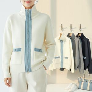 여성 니트 집업 가디건 자켓 점퍼 하이넥 카라 봄 데님 청 배색