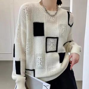 여성 부드러운 여성 긴팔 골지 스웨터 컴포트 체크무늬 니트 셔츠티 루즈핏 티셔츠 데일리 봄티셔츠